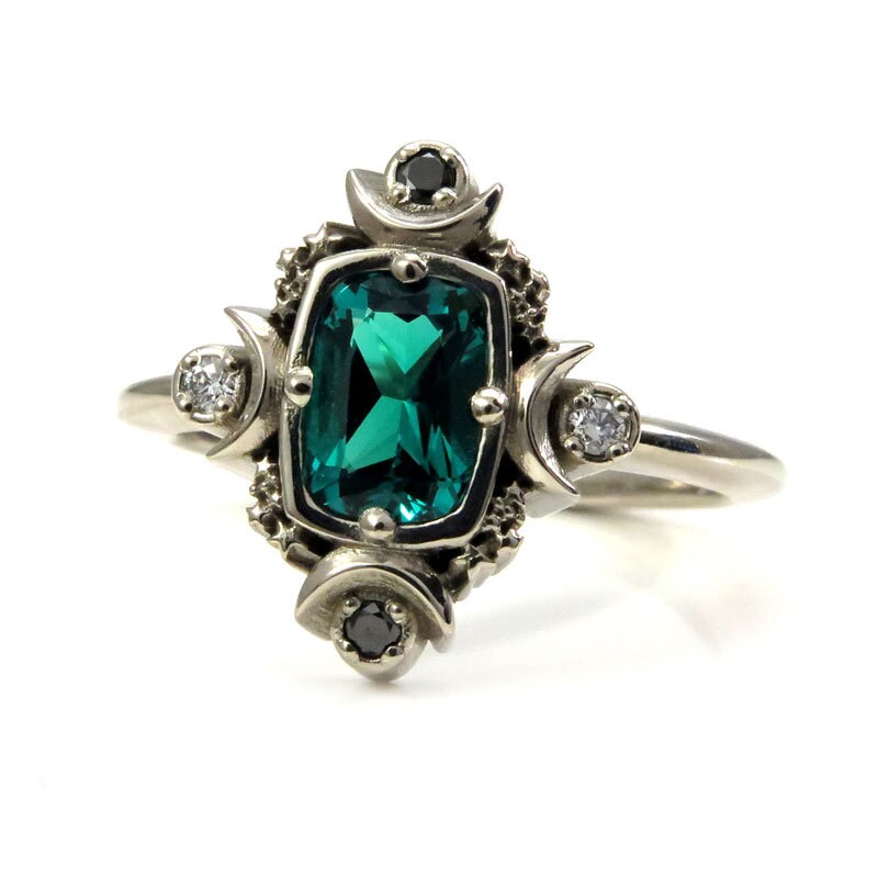 Load image into Gallery viewer, Artemis Moon Engagement Ring with Chatham Emerald Cushion and Black &amp;amp; White Diamonds - Lunar Engagement
