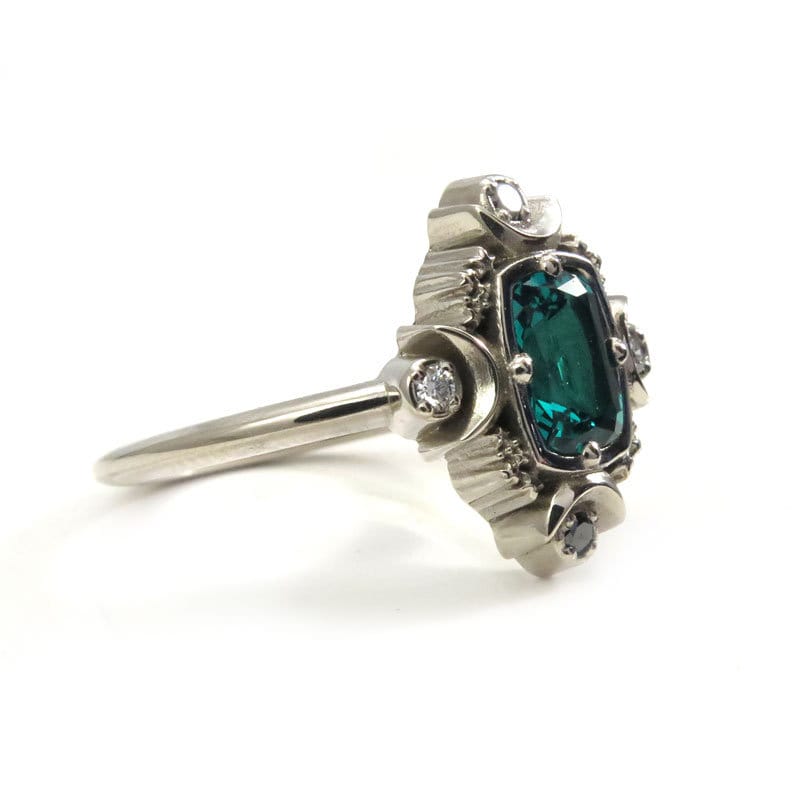 Artemis Moon Engagement Ring with Chatham Emerald Cushion and Black & White Diamonds - Lunar Engagement