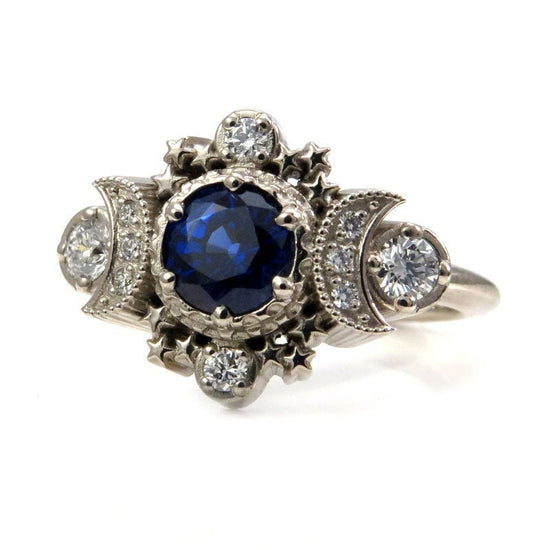 Chatham Sapphire Cosmos Moon Phase Engagement Ring - 14k Gold and Diamonds Celestial Jewelry