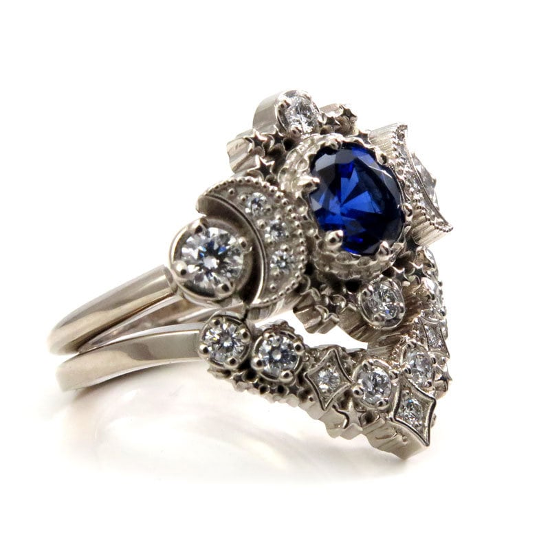 Chatham Sapphire and Diamond Cosmos Engagement Ring Set - Moon Engagement Ring with Stardust Wedding Band
