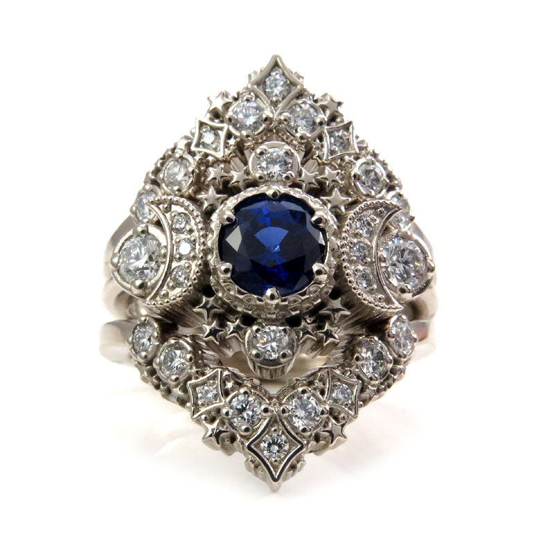 Cosmos Constellation Engagement Ring Set - Chatham Sapphire & Diamonds Celestial Wedding Set - 14k Gold
