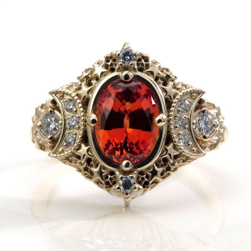 Load image into Gallery viewer, Oval Starseed Engagement Ring - Chatham Padparadscha Sapphire and Diamonds - Handmade Gold Jewelry
