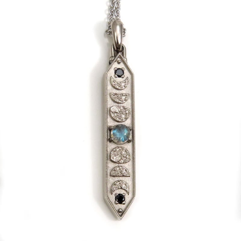 Labradorite Moon Phase Bar Pendant with Black Diamonds - Lunar Fine Jewelry Necklace - 14k Palladium White Gold
