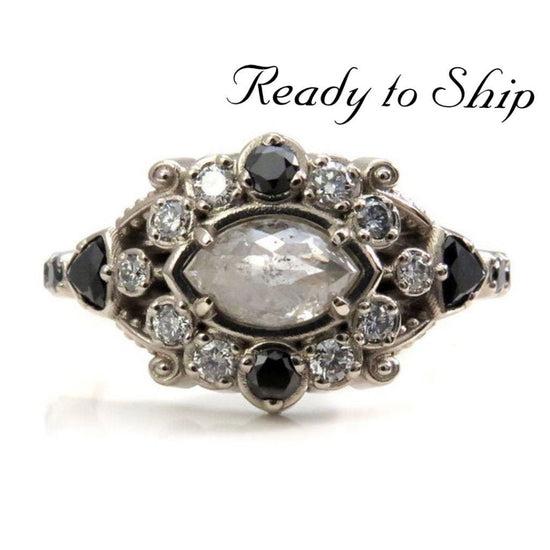 Ready to Ship Size 6 - 8 - Snowy Marquise Diamond Belle Epoque Antique Styled Engagement Ring - 14k Palladium White Gold Gothic Fine Jewlery