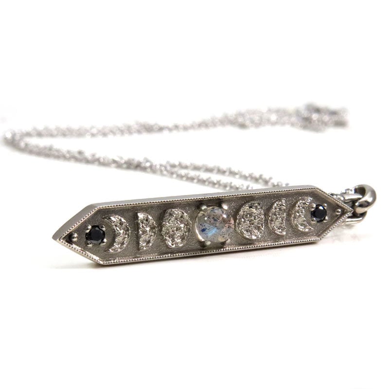 Labradorite Moon Phase Bar Pendant with Black Diamonds - Lunar Fine Jewelry Necklace - 14k Palladium White Gold