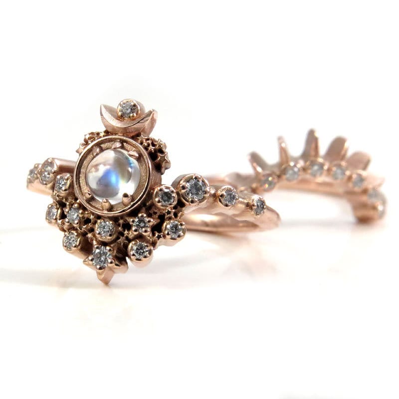 Moon Witch Engagement Ring Set - Moonstone and Diamonds with Sunray Di