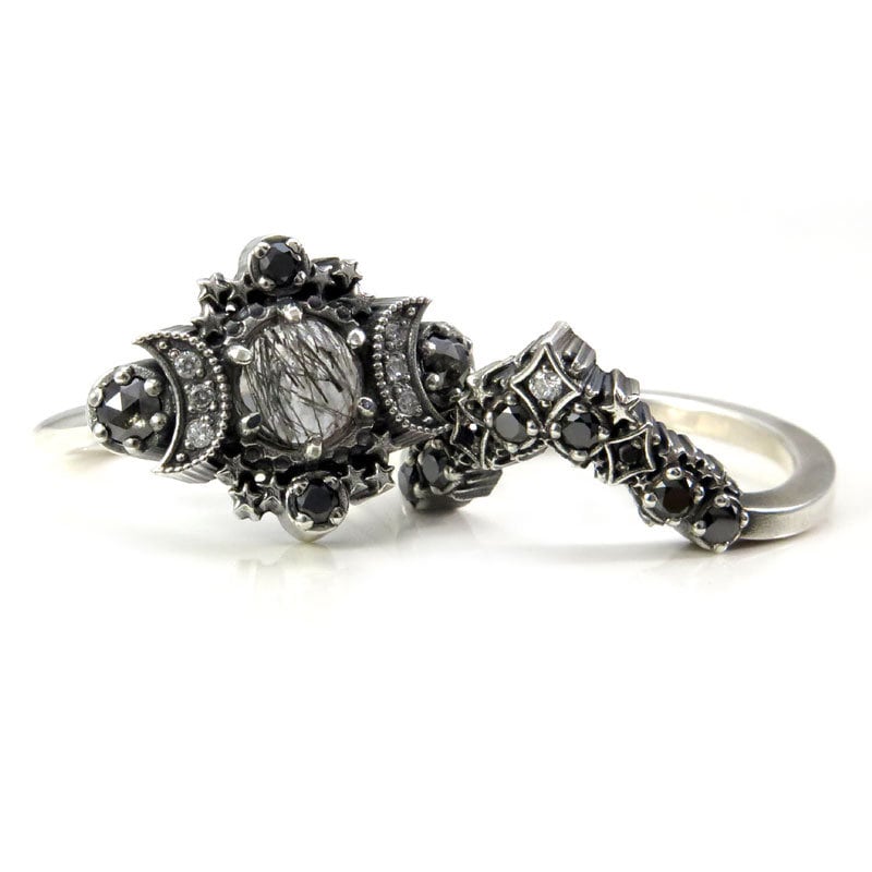 Black Rutile Quartz Cosmos Moon and Star Ring - Sterling Silver with Stardust Diamond Chevron