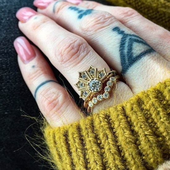 Modern Art Deco Engagement Ring Set Crown Ring with Moissanite and Diamonds Chevron Diamond Wedding Band