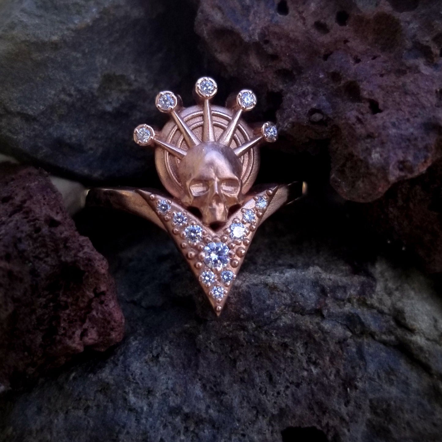 Catacomb Angel - Diamond Halo - 14k Gold Skull with Black or White Diamonds
