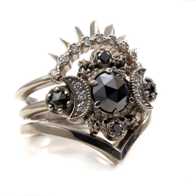 Cosmos Moon Engagement Ring 3 Ring Set with Black & White Diamonds - Gothic Celestial Wedding Set - 14k Gold