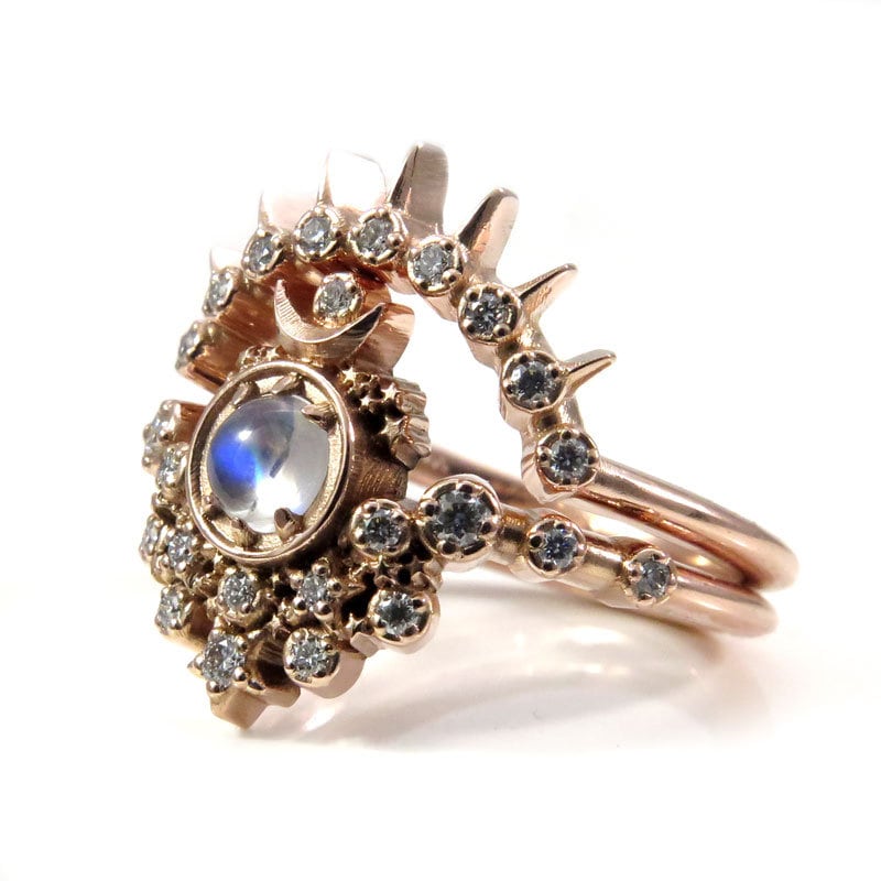Gold Moon Witch Engagement Ring Set - Rainbow Moonstone and Diamonds with Sunray Diamond Wedding Band Modern Fine Jewelry