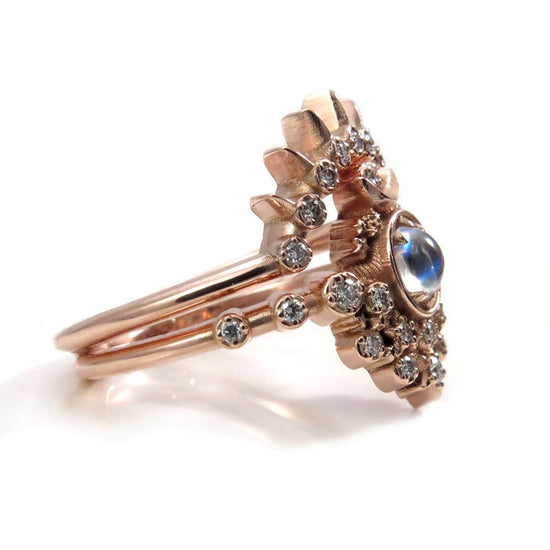 Moon Witch Engagement Ring Set - Moonstone and Diamonds with Sunray Diamond Wedding Band
