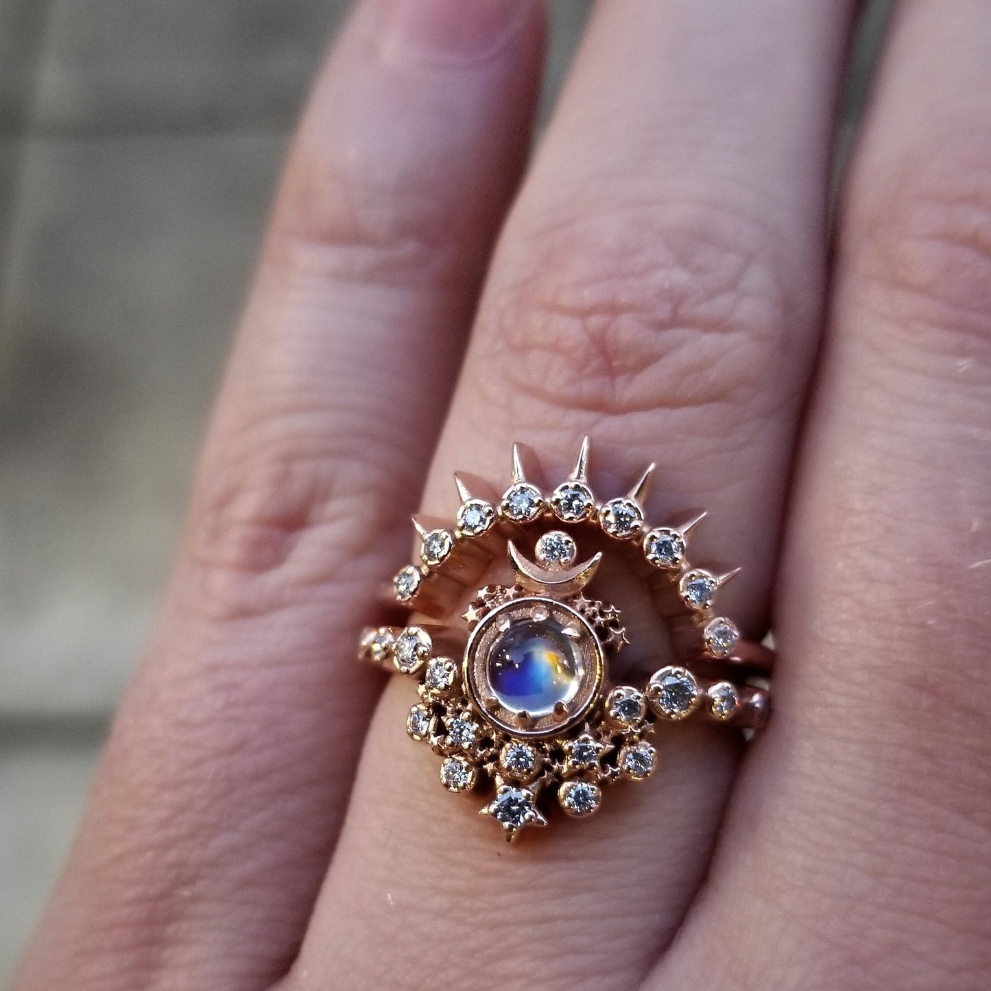 Gold Moon Witch Engagement Ring Set - Rainbow Moonstone and Diamonds with Sunray Diamond Wedding Band Modern Fine Jewelry