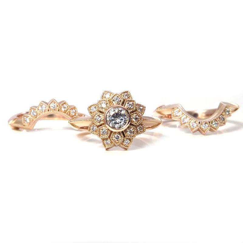 Art Deco Double Petal Halo Ring with 2 Matching Diamond Side Bands - 14k Palladium White Gold - Diamond Engagement Ring Set