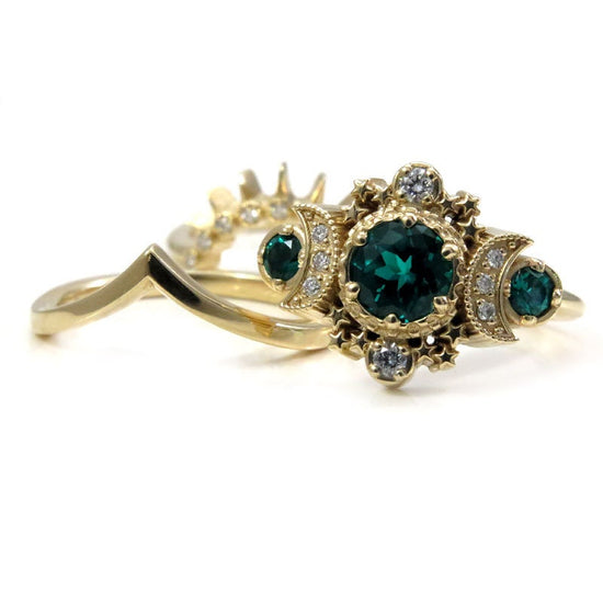 Chatham Emerald & Diamond Cosmos Moon Engagement Ring Set - Celestial Lunar Wedding Rings