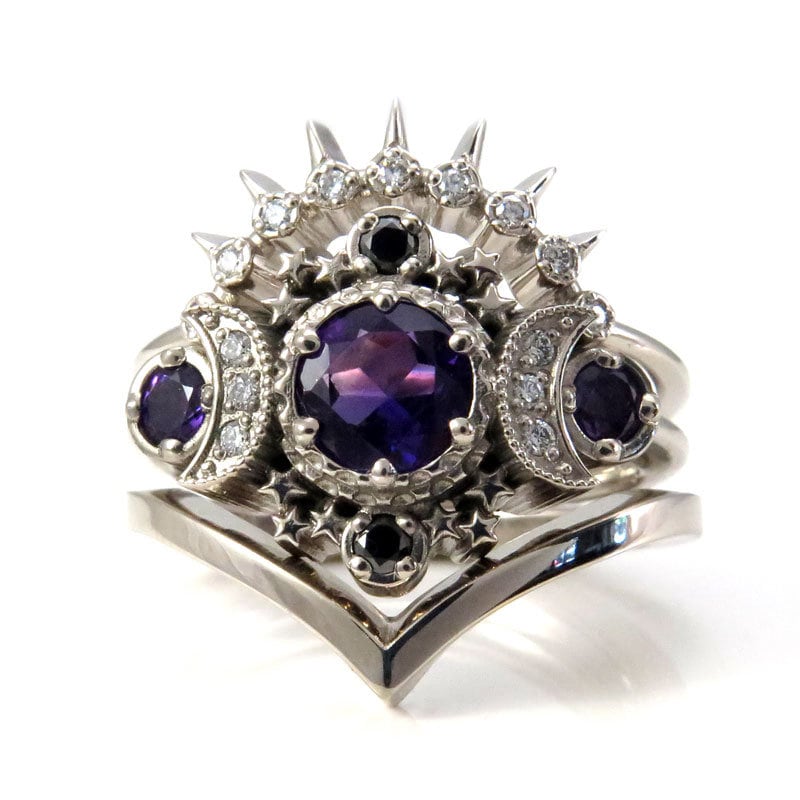Amethyst & Diamond Cosmos Lunar Engagement Ring Set - Triple Moon and Star Wedding Rings
