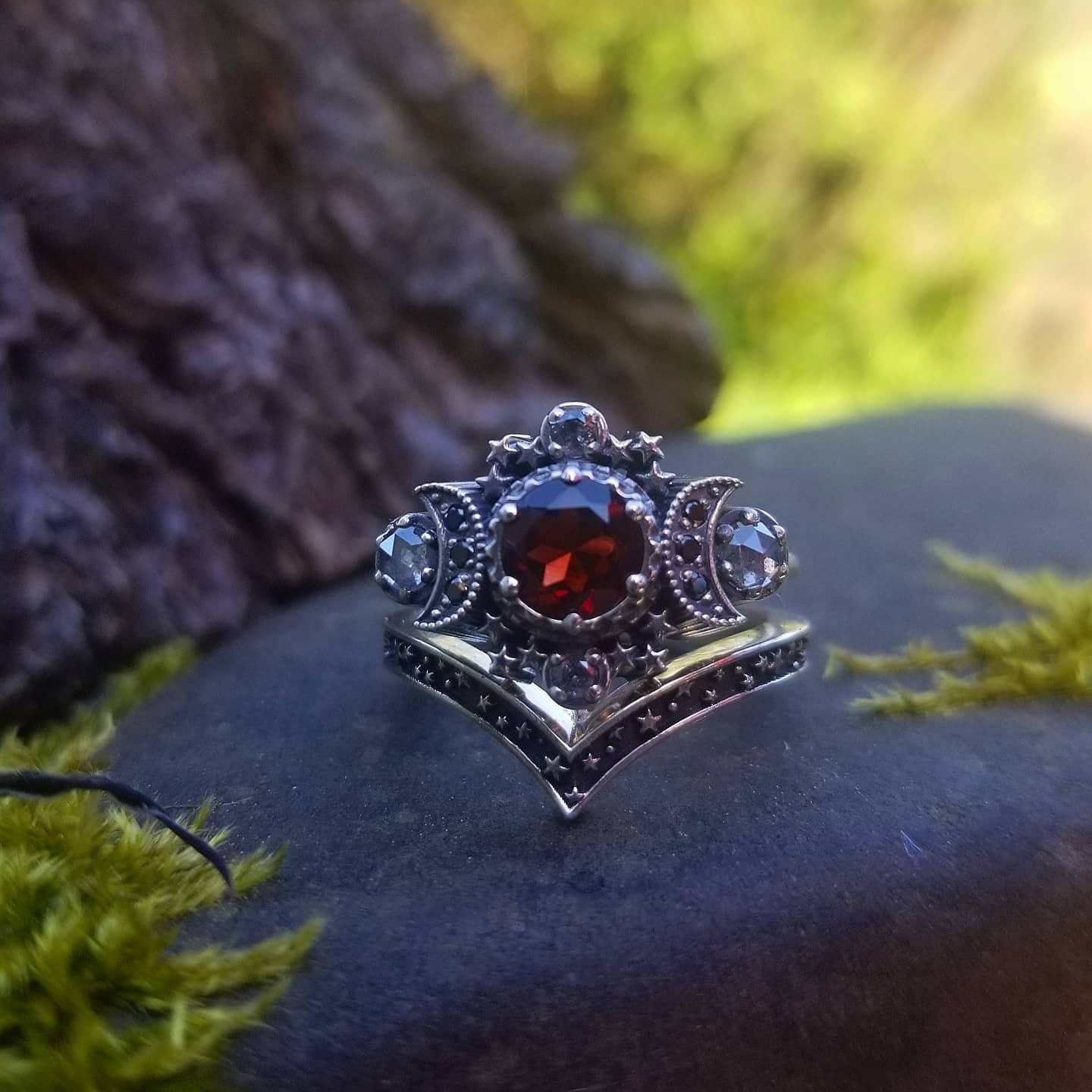 Red Garnet & Grey Diamond Cosmos Moon Engagement Ring Set Silver Goddess Moon and Stardust Chevron Wedding Band