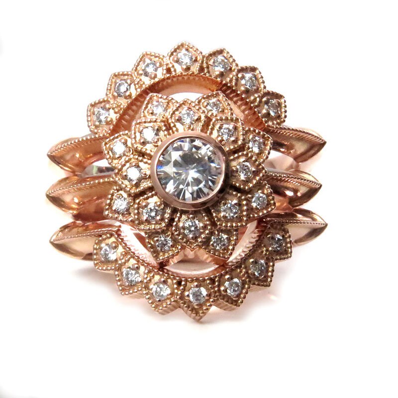 Art Deco Double Petal Halo Ring with 2 Matching Diamond Side Bands - 14k Palladium White Gold - Diamond Engagement Ring Set