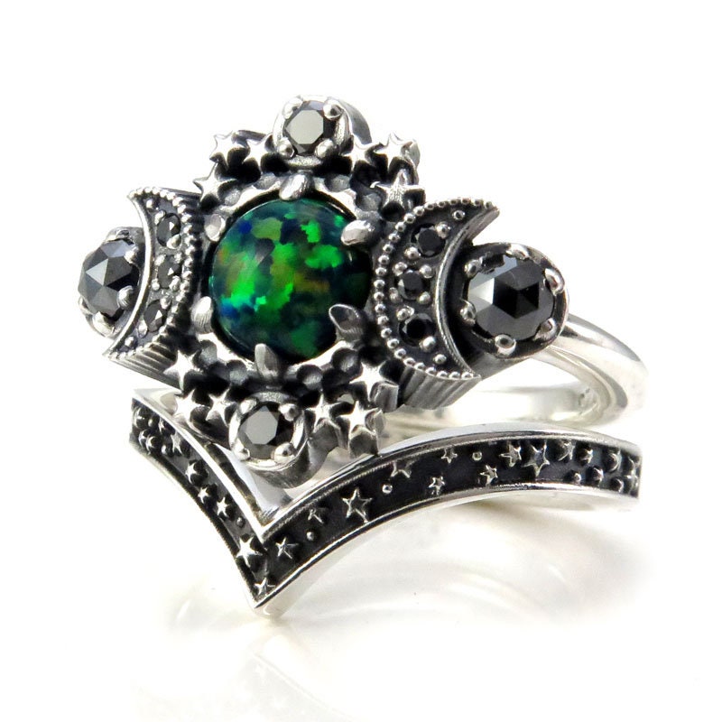 Black Lab Opal Cosmos Moon Engagement Ring Set - Sterling Silver with Black Diamonds - Lunar Gothic Jewelry