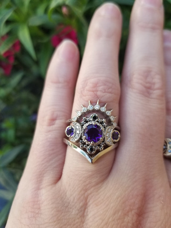 Amethyst & Diamond Cosmos Lunar Engagement Ring Set - Triple Moon and Star Wedding Rings