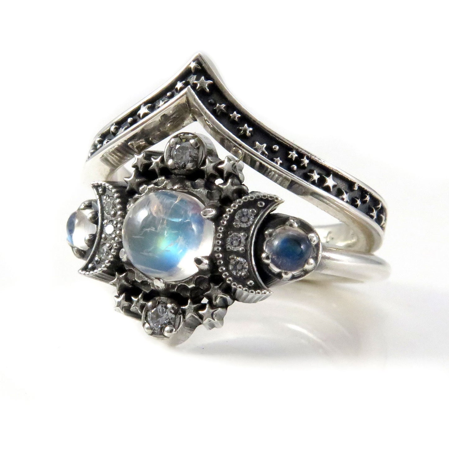 Smooth Moonstone Cosmos Moon and Star Engagement Ring - Sterling Silver with White Diamonds - Nature Engagement