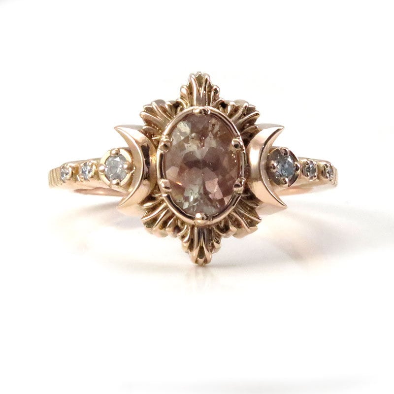 Pick your Sunstone - Oregon Sunstone Moon Fire Unique Engagement Ring - Witch Crescent Moon Ring - 14k Yellow, Rose or Palladium White Gold