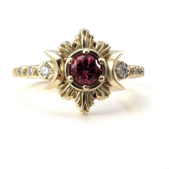 Malaya Garnet Moon Fire Gothic Engagement Ring with White Diamonds - Lunar Fine Jewelry