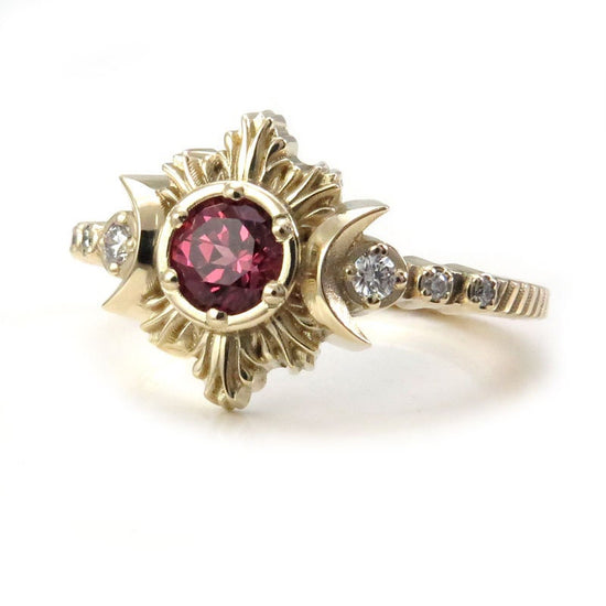 Malaya Garnet Moon Fire Gothic Engagement Ring with White Diamonds - Lunar Fine Jewelry