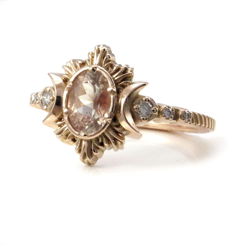 Pick your Sunstone - Oregon Sunstone Moon Fire Unique Engagement Ring - Witch Crescent Moon Ring - 14k Yellow, Rose or Palladium White Gold