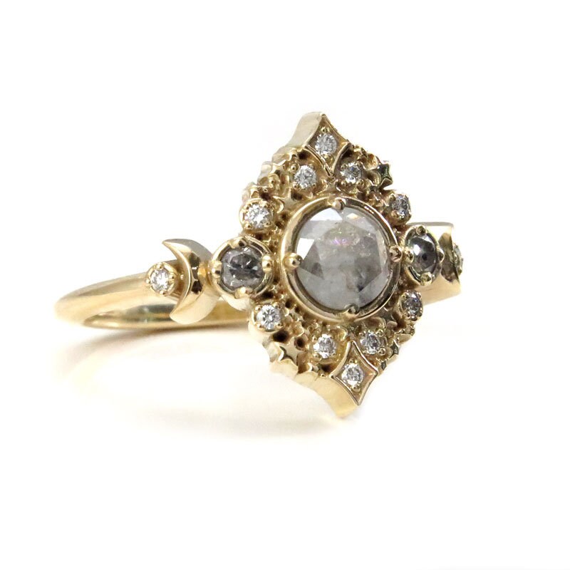 Galaxie Lunar Engagement Ring - 14k Gold - Pick your Salt & Pepper Diamond - Boho Moon Wedding Ring