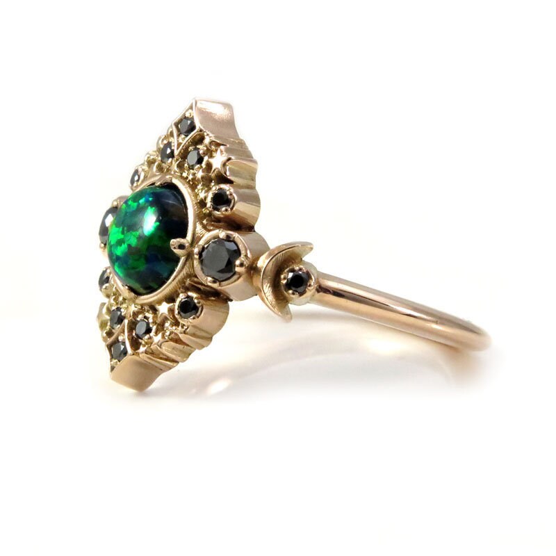 Black Lab Opal Galaxie Engagement Ring - 14k Rose Gold - Black or White Diamond Sides - Boho Moon Wedding Ring