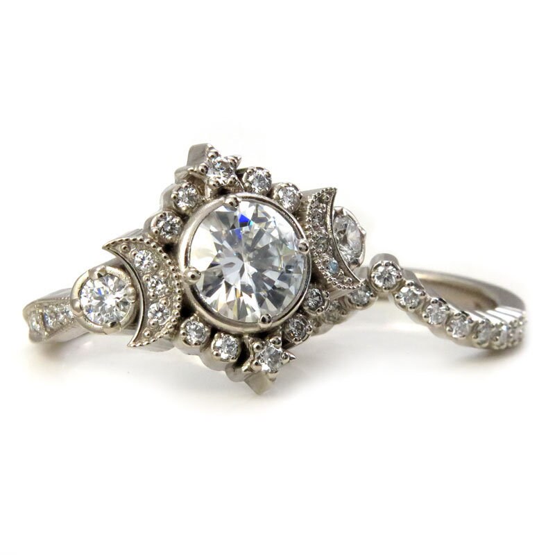 Selene Moon Phase Goddess Engagement Ring Set - Moissanite or Galaxy Diamond Lunar Boho Wedding Ring -14k Rose, Yellow or White Gold