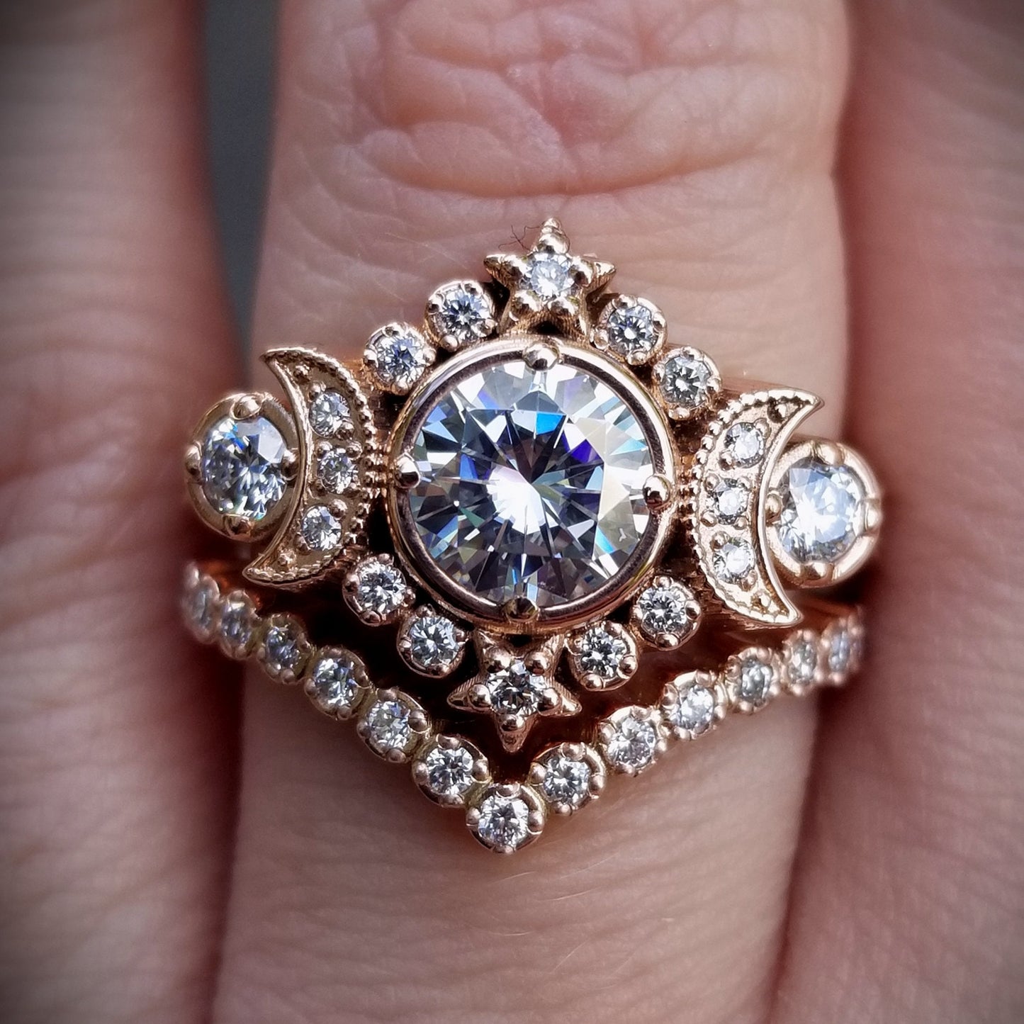 Selene Moon Phase Goddess Engagement Ring Set - Moissanite or Galaxy Diamond Lunar Boho Wedding Ring -14k Rose, Yellow or White Gold