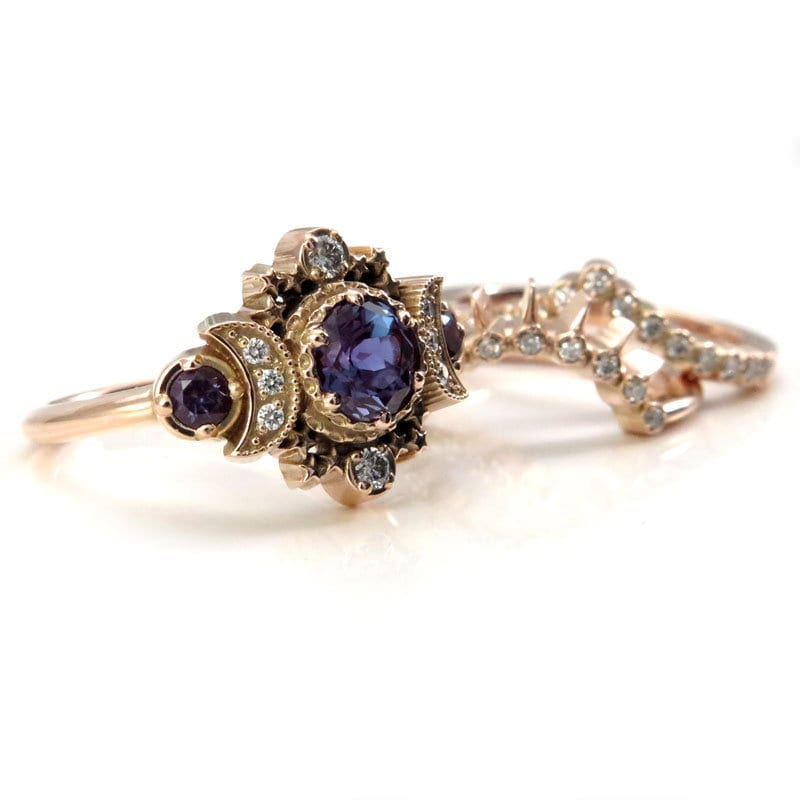 Alexandrite Cosmos White Gold Triple Moon Engagement Ring Set - Nature Inspired Moon & Stars Lunar Wedding Rings