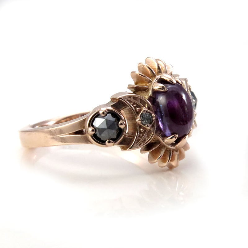 Load image into Gallery viewer, Oval Lab Alexandrite Frigg Engagement Ring with Salt &amp;amp; Pepper and Black Diamonds - Engagement Ring with Crescent Moons and Split Shank
