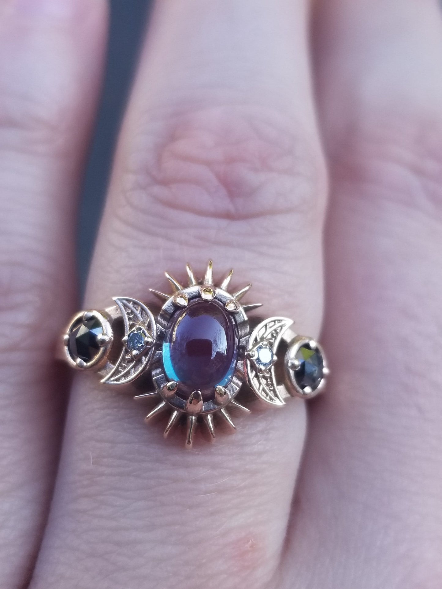 Oval Lab Alexandrite Frigg Engagement Ring with Salt & Pepper and Black Diamonds - Engagement Ring with Crescent Moons and Split Shank