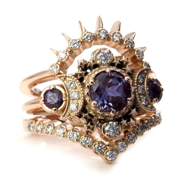 Black Diamond & Alexandrite Cosmos Yellow Gold Crescent Moon Engagement Ring Set - Gothic Modern Nature Wedding Rings