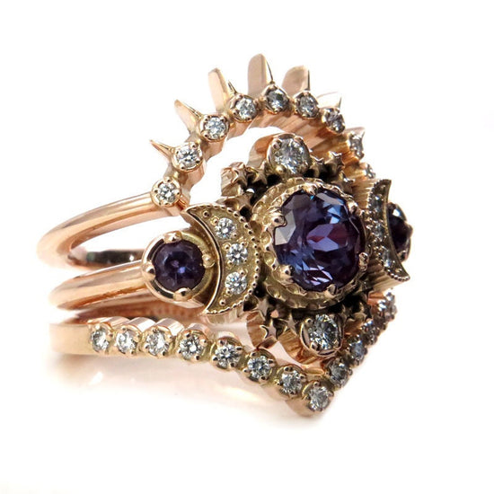 Chatham Alexandrite Cosmos Rose Gold Moon Engagement Ring Set - Nature Moon & Star Lunar Wedding Rings