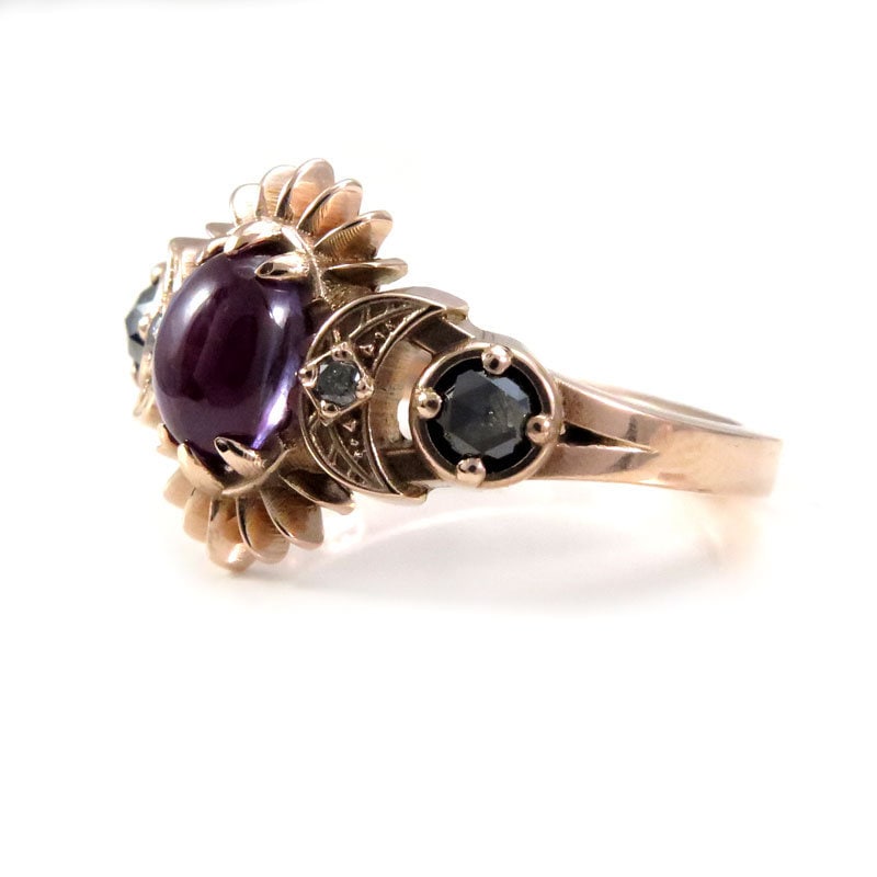 Load image into Gallery viewer, Oval Lab Alexandrite Frigg Engagement Ring with Salt &amp;amp; Pepper and Black Diamonds - Engagement Ring with Crescent Moons and Split Shank
