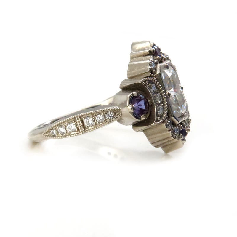 Emerald Cut Selene Moon Goddess Engagement Ring - Moissanite , Diamond and Chatham Alexandrite - 14k Palladium White Gold