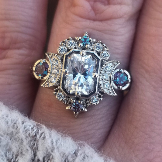 Emerald Cut Selene Moon Goddess Engagement Ring - Moissanite , Diamond and Chatham Alexandrite - 14k Palladium White Gold