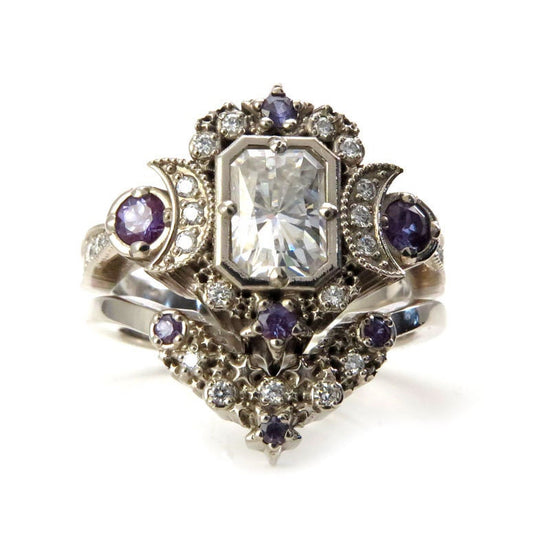 Emerald Cut Selene Moon Goddess Engagement Ring Set - Moissanite , Diamond and Chatham Alexandrite - 14k Palladium White Gold