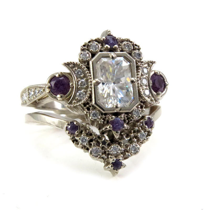 Emerald Cut Selene Moon Goddess Engagement Ring Set - Moissanite , Diamond and Chatham Alexandrite - 14k Palladium White Gold