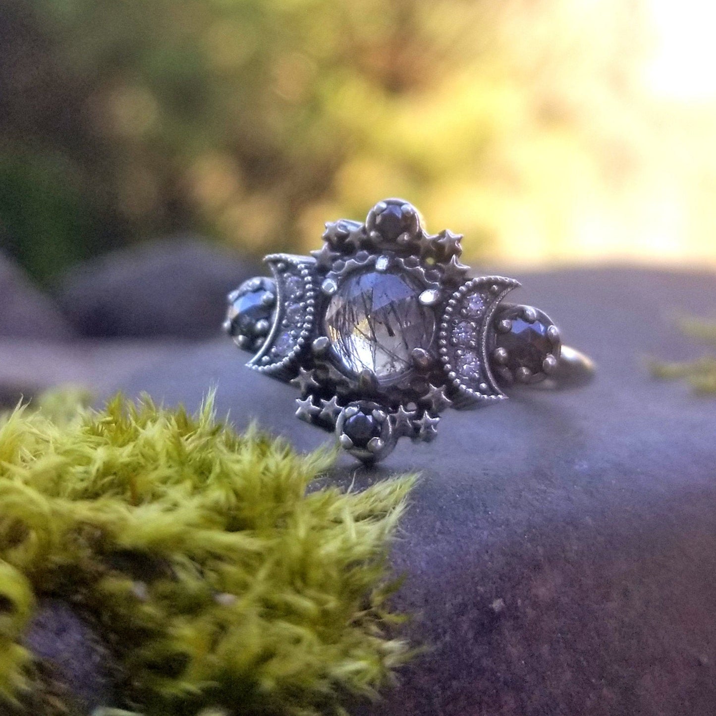 Black Rutile Quartz Cosmos Moon and Star Ring - Sterling Silver with Stardust Diamond Chevron