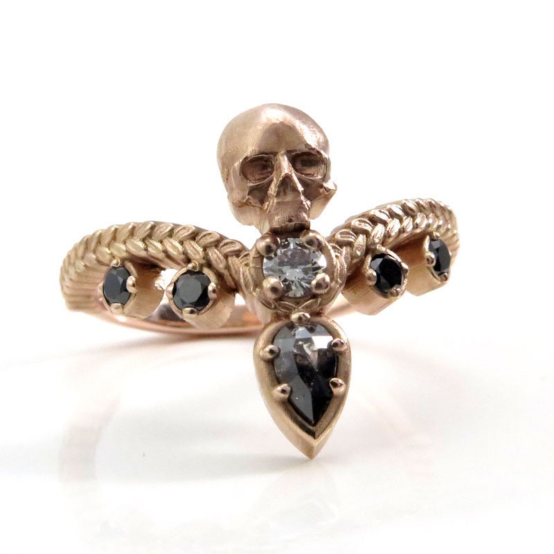 Catacomb Skull Ring with Salt & Pepper Diamond Pear and Black and White Diamonds - 14k Rose Gold - Pick your Pear Diamond
