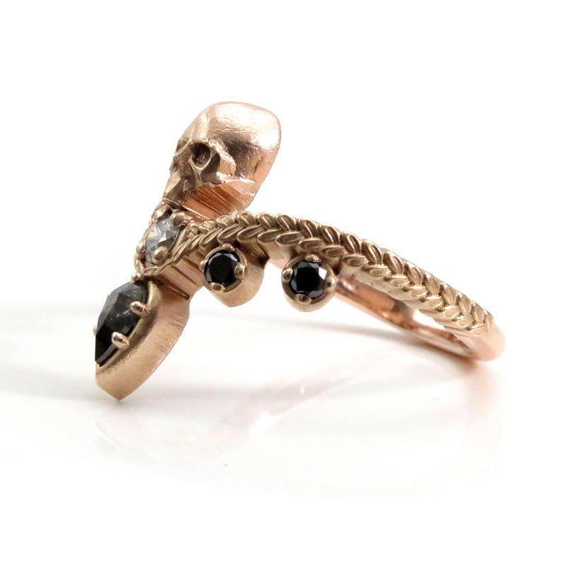 Catacomb Skull Ring with Salt & Pepper Diamond Pear and Black and White Diamonds - 14k Rose Gold - Pick your Pear Diamond