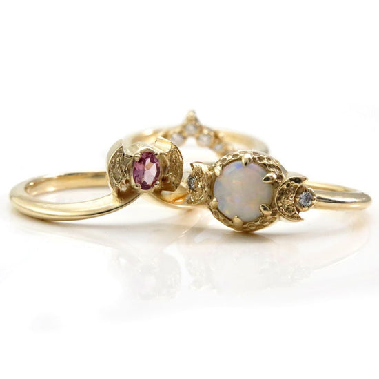 Ready to Ship Size 6 - 8 - Baby Bat & Moon Engagement Ring Set - Pastel Goth Wedding Rings - 14k Yellow Gold