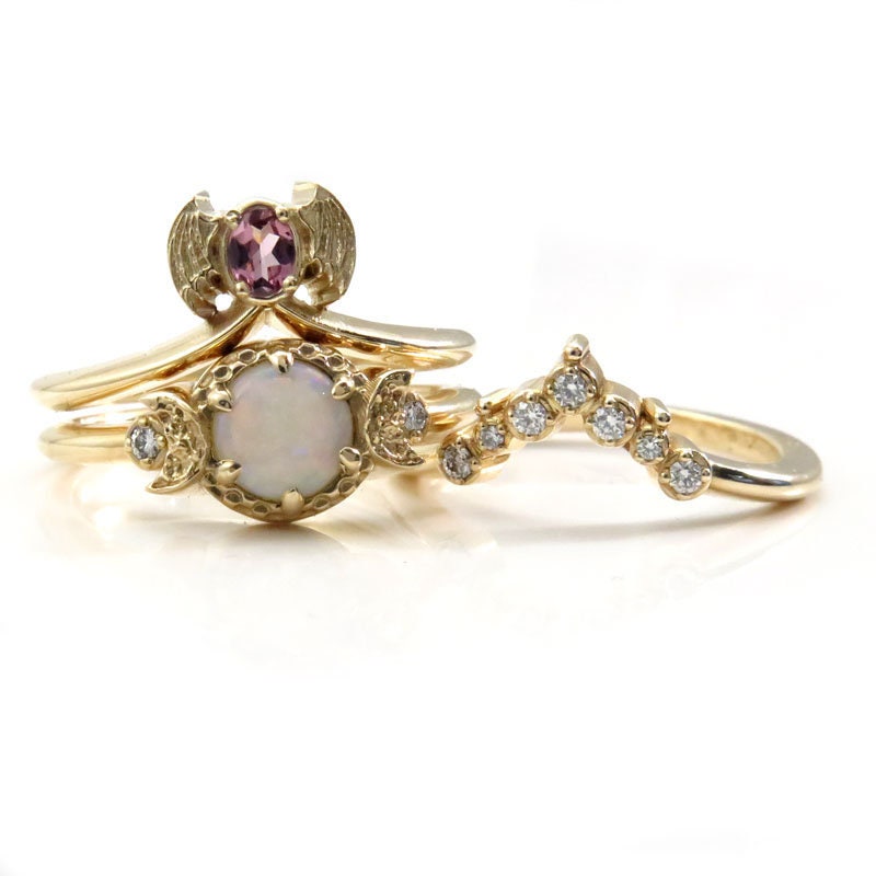 Ready to Ship Size 6 - 8 - Baby Bat & Moon Engagement Ring Set - Pastel Goth Wedding Rings - 14k Yellow Gold