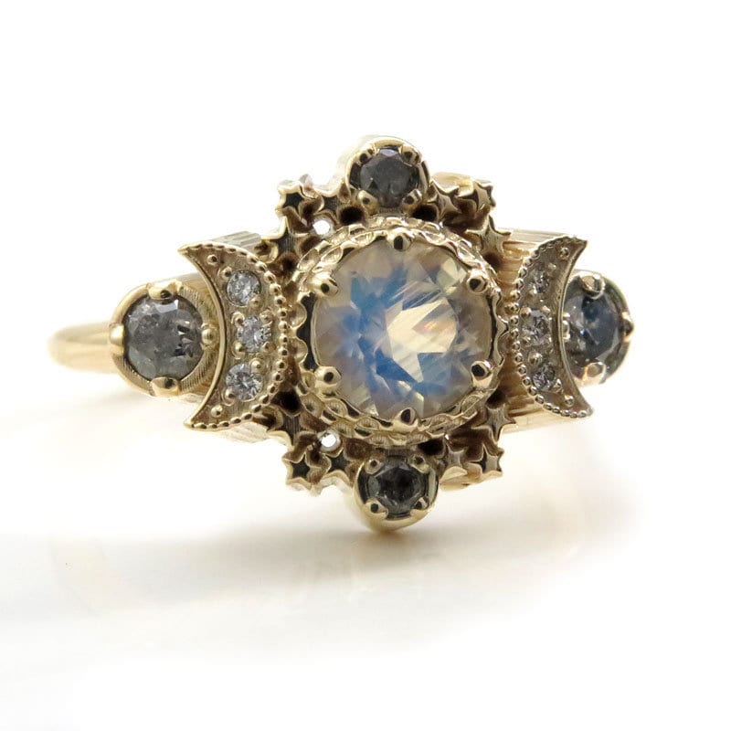 Rainbow Moonstone and Galaxy Diamond Cosmos Moon and Star Engagement Ring - Celestial Boho Commitment Ring