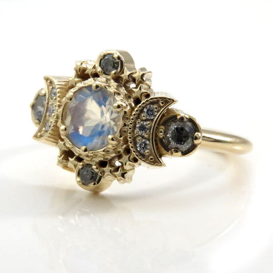 Load image into Gallery viewer, Ready to Ship Size 6 - 8 - Rainbow Moonstone and Galaxy Diamond Cosmos Moon &amp;amp; Star Engagement Ring - Boho Commitment Ring - 14k Yellow Gold
